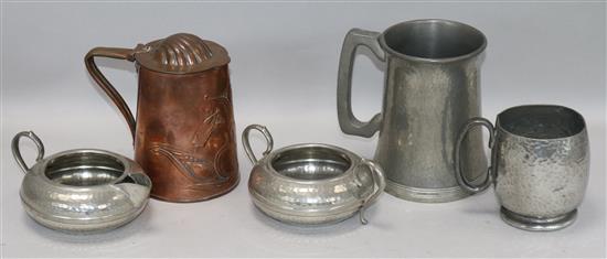 A J.S & S copper jug and hammered pewter jug height 12cm
